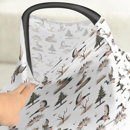 Retro Duck Hunting Car Seat Cover for Babies Vintage Flying Mallards Stretchy 5-in-1 Cover Adjustable Car Canopy Cover Wild Ducks Trees Leaves Breathable Nursing Cover-Up