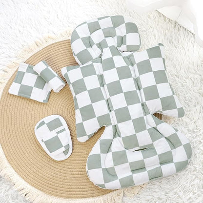 DILIMI Infant Car Seat Insert, Baby Car Seat Head Support with 3 Strap Paddings, Soft Newborn Car Seat Cushion for Stroller, Swing, Bouncers, Green Checkered