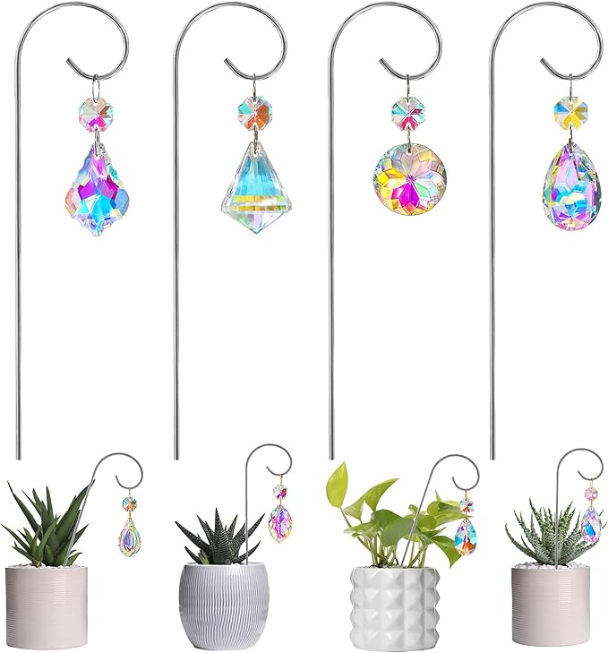 HDCRYSTALGIFTS Set 4 Small Trellis with Crystal Prisms Suncatchers for Mini Potted Plants Decorations, Rainbow Maker Plant Stakes Sun Catchers Plant Accessories Indoor (Sliver,7.5inch)