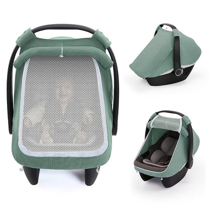 Blissful Diary Baby Car Seat Cover, Extra Large Mesh Window, Breathable Muslin Cotton, Infant Windproof Canopy, Must-Have Baby Gift - Roman Green