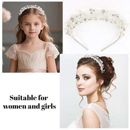 Flower Girl Wedding Headband Crystal Hair Accessories Silver Bridal Pearl Headband for Prom, Birthday, Party, and First Communion