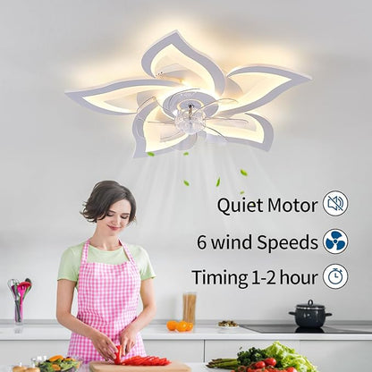 White Flower Modern CeilingFans with Lights, Low Profile Ceiling Fan with Remote for Bedroom, Flush Mount Ceiling Fan with LED Dimmable Light,3-Colors, 6-Speeds, Timing CeilingFan Light