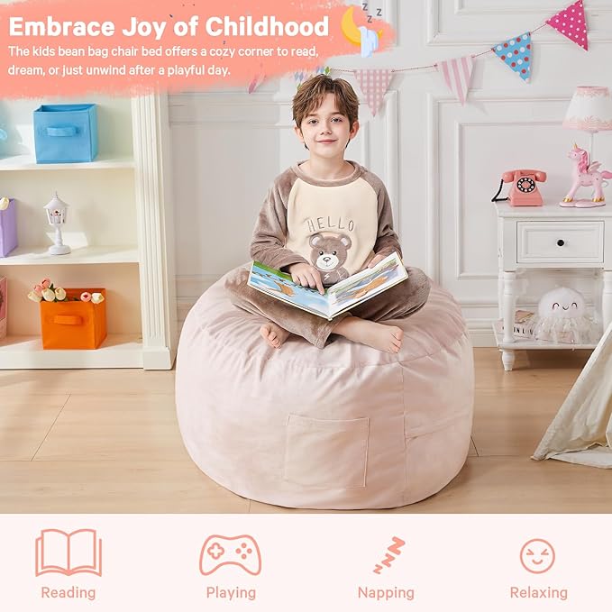 Kids Bean Bag Chair Bed - Convertible Lazy Chair to Floor Mattress with Filler - Small Beanbag Chair for Boys and Girls - Floor Couch Sofa in Bedroom, Classroom, Reading Nook - Pink