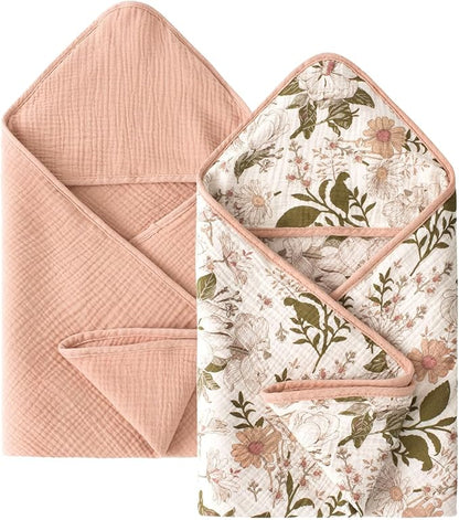 Little Jump Muslin Hooded Baby Bath Towels - 2 Pack 100% Cotton Towel for Babies, Infants, Toddlers - 32x32Inch - Highly Absorbent and Newborn Essential (Vintage Blossom)