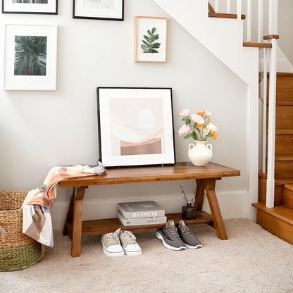 43 Inch Farmhouse Storage Bench, Rustic Solid Wood Entryway Bench for Living Room, Dining Room, Hallway | Indoor Seating with Natural Wood Finish