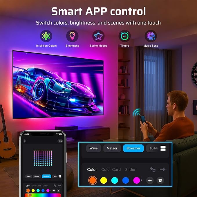 Smart TV LED Backlight, Flowing Color Changing TV Light Strip, 16.4ft TV Lights Behind 55-70in Monitor, Works with Alexa and Google, Music Sync, WiFi and App Control, LED Lights for Gaming Room Decor