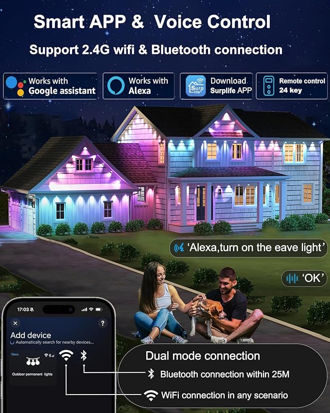 RGBCW Permanent Outdoor Lights,108 Scene Modes Smart Outdoor Christmas Lights with Voice Remote APP Control, IP68 LED Eaves Lighting for Halloween Party, Daily Garden Decor (120LED 200FT)