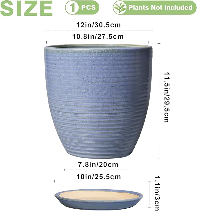 Ceramic Planter - Modern Round 12 Inch Pots for Plants with Drainage Hole and Plant Saucer for Flower Indoor, Garden Room Home Office House Decor, House Warming Gifts, Blue-Purple