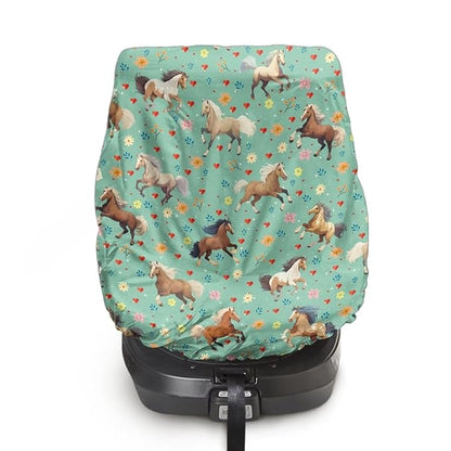 Car Seat Sun Shade Cover, Portable Car Seat Cover Baby Trend Car Seat Protector, Easy Installation for Baby & Kids, Horse Green