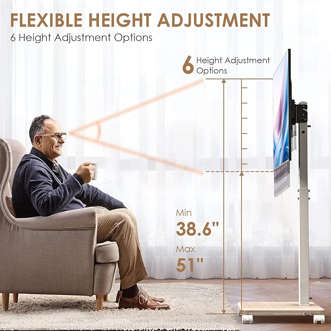 Rolling TV Stand Portrait for 65 70 75 Inch TVs, Tilt and Swivel Mobile TV Cart on Wheels up to 110 Lbs, 6 Height Adjustable PortableTV Stand, Max VESA 600x400mm White