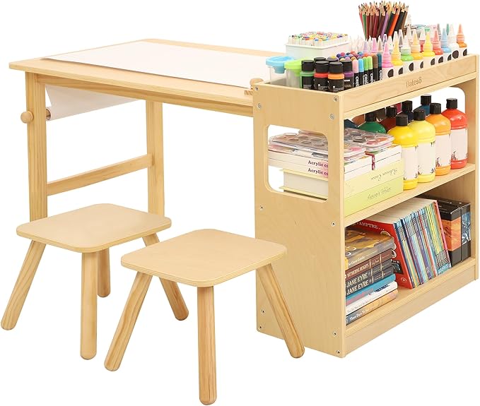 Kids Art Table and 2 Chairs Set with Roll Paper & Storage, Wooden Kid Craft Table for Drawing, Learning and Reading, Toddler Activity Play Desk for Home, Playroom or Classroom