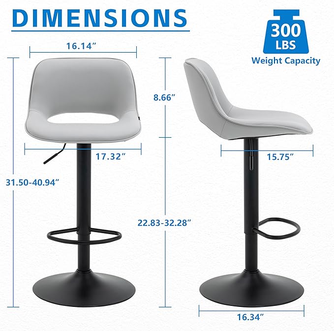 YOUNIKE Bar Stools Set of 2 Modern Swivel Barstools, Adjustable Counter Height Bar Stools Faux Leather Upholstered Counter Stools with Hollow Back for Kitchen Island, Grey