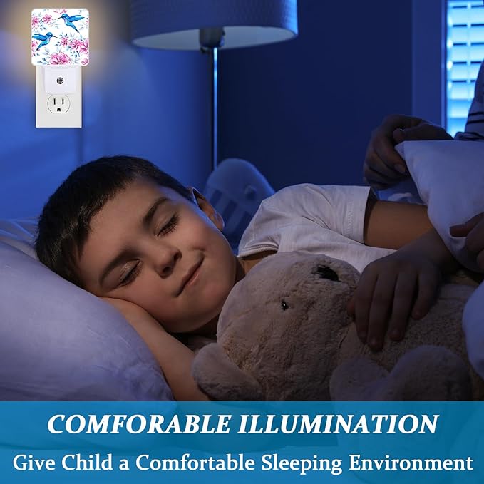 Vintage Blue Hummingbirds Night Light, Plug-into Wall Pink Spring Flower Nightlight Lamp with Dusk to Dawn Sensor, Led Lamp 0.5W Energy Efficient for Boys Girls Adults Home Decor