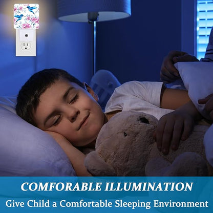 Vintage Blue Hummingbirds Night Light, Plug-into Wall Pink Spring Flower Nightlight Lamp with Dusk to Dawn Sensor, Led Lamp 0.5W Energy Efficient for Boys Girls Adults Home Decor