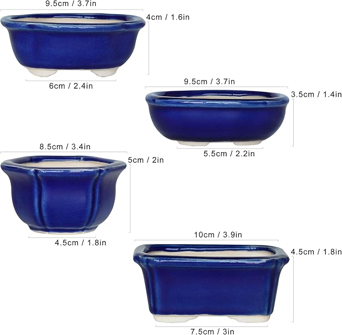 Bonsai Planter Succulent Mini Glazed Pots Value Set of 4, with 4 Soft Mesh Drainage Screens