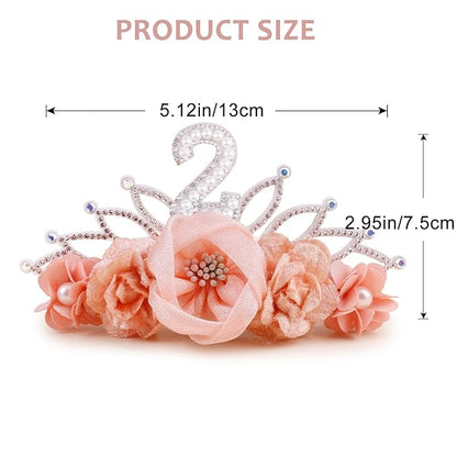 cherrboll Baby Girl Birthday Crown Floral Headband, Soft Flower Head Wrap Tiara Hairband for 1-3 Years Old Toddlers Kids 2nd Birthday Party Dress Photo Decoration