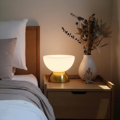 Brightech Lamina LED Table Lamp - Small 10 Inches Modern Bedroom Lamp - Bright Mini Reading Desk Lamp with Dimmable Warm Lighting for Bedside Table, Living Room, Office - Glass Lamp Shade, Gold/Brass