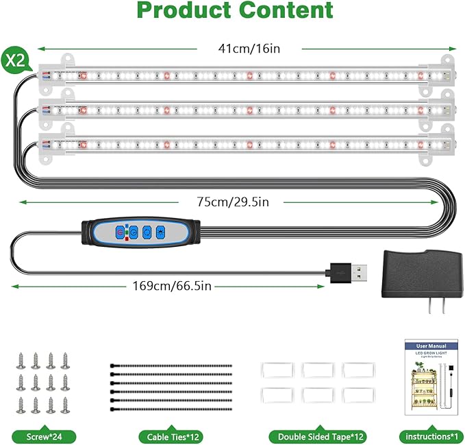 Wiaxulay Grow Lights for Indoor Plants, Full Spectrum 6000K LED Grow Light Strip Sunlike Growing Lamp with 6/12/16H Timer, 3 Switch Modes, 5 Dimmable Levels for Hydroponics Succulent Seedling, 2 Pack