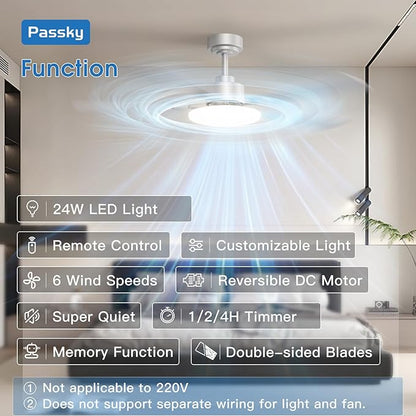 Passky Ceiling Fans with Lights, 52 inch Sleek Ceiling Fan with Light and Remote Control, 3CCT, Dimmable, Reversible, Noiseless, Silver Ceiling Fan for Bedroom, Living Room