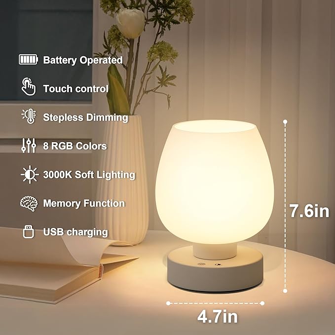 KARTOOSH Cordless Touch Bedside Table Lamp, Rechargeable Battery Operated Desk Lamps with 8 RGB Colors, Dimmable Small Glass Nightstand Light for Living Room Bedroom Kitchen Counter