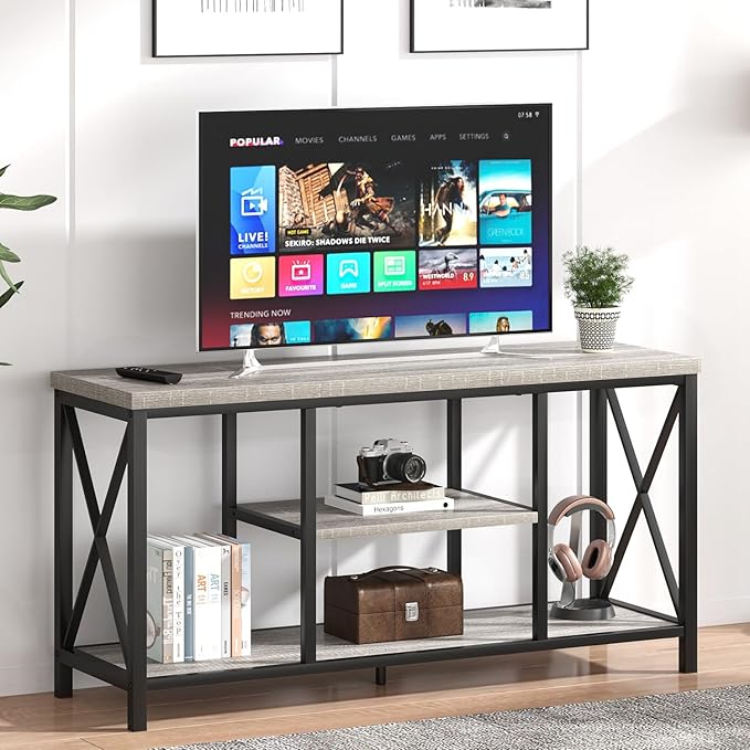 FOLUBAN Modern TV Stand for TVs up to 55 Inch, Rustic Wood Entertainment Center with Storage Shelves, Industrial Media TV Console and TV Table for Living Room Bedroom, 47 Inch Light Grey