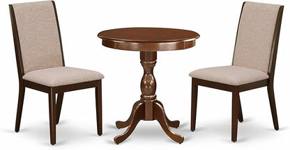 East West Furniture ESLA3-MAH-04 3 Piece Kitchen Table & Chairs Set Contains a Round Dining Room Table with Pedestal and 2 Light Tan Linen Fabric Parsons Chairs, 30x30 Inch, Mahogany