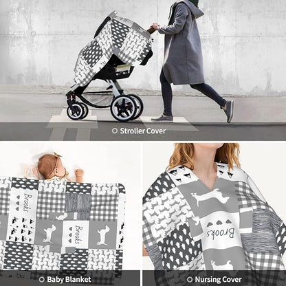 Personalized Cute Dog Plaid Baby Infant Car Seats Canopy for Babies with Name, Custom Multi-use Blankets for Baby Boys Girls, Peekaboo Minky Nursing Breastfeeding Stroller Cover Canopies for Newborn