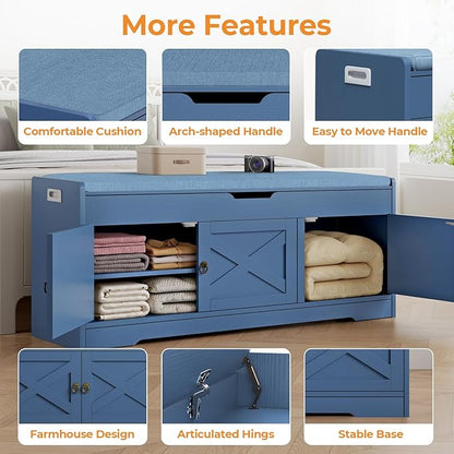 Farmhouse Shoe Storage Bench with Cushion Seat, 3-Tier Entryway Bench with Lift Top Storage and Adjustable Shelf, Bench for Hallway, Bedroom, Blue