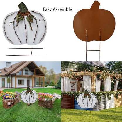 Veclotch 2set Pumpkin Garden Stake Metal Yard Sign Fall Decor, Decorative Decor Outdoor Stakes for Autumn Harvest Thanksgiving Halloween Rustic Decoration Home (White, 17''H)