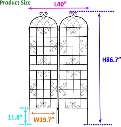 2 Pack Metal Garden Trellis 86.7" H Garden Fence Rustproof Trellis for Climbing Plants Support Roses Flower Outdoor Lawn, Black 7.2 FT Tall