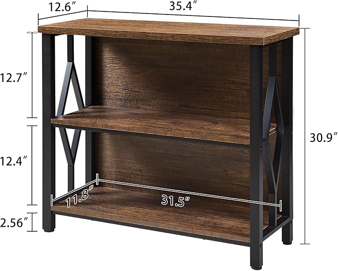 HOMISSUE Bookshelf, 3-Tier Rustic Short Bookshelf, Industrial Shelf Bookcase with Engineered Wood Shelves, Low Bookcase with Storage, Small Shelf for Living Room, Bedroom and Office, Rustic Brown