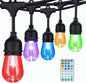 Commercial Grade 48FT LED Outdoor String Lights with Remote Control - 15 Shatterproof Bulbs Waterproof Color Changing Christmas Lights, Dimmable for Patio, Garden, Wedding Decor