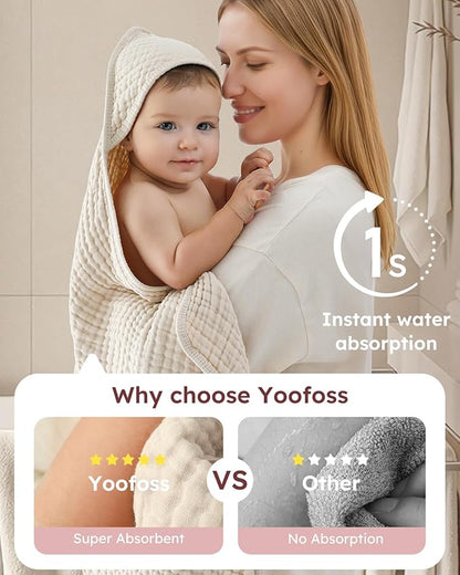 Yoofoss Hooded Baby Towels for Newborn 2 Pack 100% Muslin Organic Cotton Baby Bath Towel with Hood for Babies, Infant, Toddler and Kids, Large 32x32Inch, Soft and Absorbent Newborn Essential