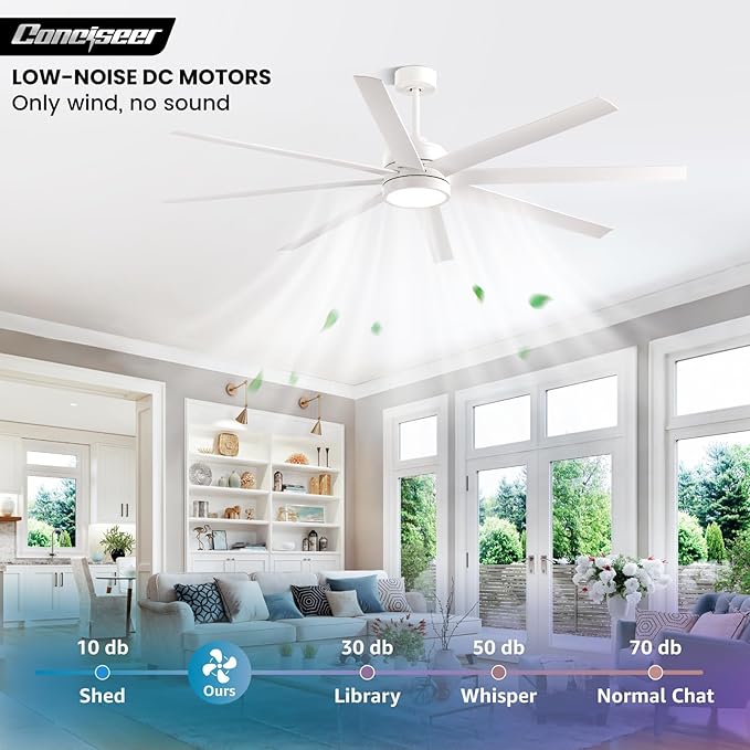 Modern Ceiling Fans with Lights, 72 Inch Ceiling Fan with Remote for Bedroom Living Room Kitchen Library Cafe Outdoor/Industrial Use,24W 3CCT 8 Blades 6 Speed Reversible Quiet DC Motor, White