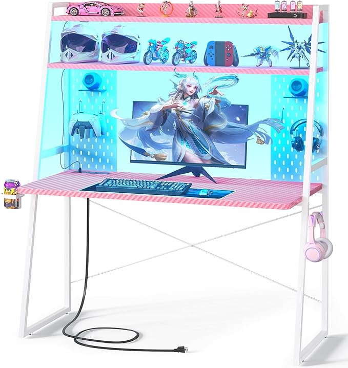 Small Gaming Desk with Hutch and LED Lights, Gaming Computer Desk with Power Outlets, Gamer Desk with Storage Shelves, Game Desks with Pegboards for Bedroom Small Spaces, Pink, 43"