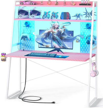 Small Gaming Desk with Hutch and LED Lights, Gaming Computer Desk with Power Outlets, Gamer Desk with Storage Shelves, Game Desks with Pegboards for Bedroom Small Spaces, Pink, 43"