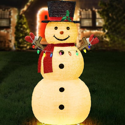 5ft Lighted Pop-Up Snowman, Large Outdoor Christmas Snowman Decoration with 200 LED Lights, Hat, Scarf, Multicolored Lights, for Christmas Yard and Outdoor Display (Batteries Not Included)