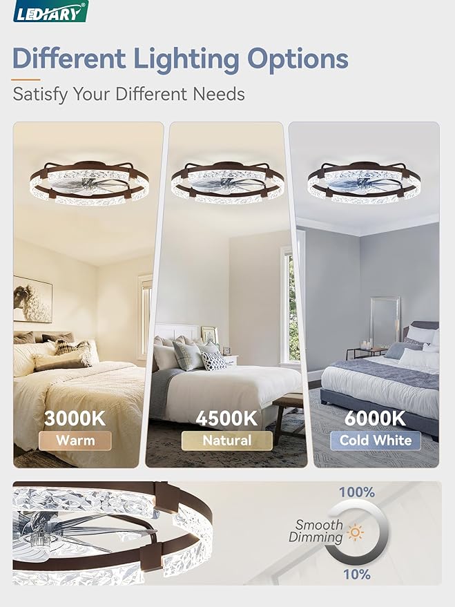 LEDIARY 24 Inch Low Profile Ceiling Fans with Lights and Remote, Flush Mount Fandelier Ceiling Fan, 3000K-6000K Dimmable LED Fan Light, Brown Modern Ceiling Fans with Lights for Bedroom
