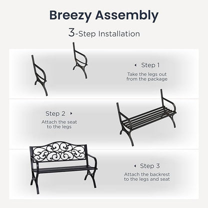 PHI VILLA 50-Inch Cast Iron Steel Frame Garden Bench Outdoor Patio Bench Chair w/Floral Design Backrest, Slatted Seat for Park, Yard & Porch, Black