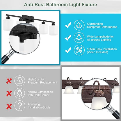 Bathroom Black Lighting Fixtures Over Mirror, Anti-Rust 5-Light Bathroom Vanity Lights,Milky White Glass Shades