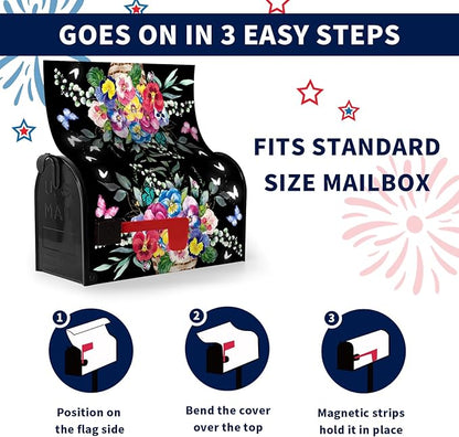 Summer Flower Mailbox Covers Magnetic Pansy Floral Mailbox Post Cover Black Colorful Pansies Butterfly Mail Box Wraps Waterproof for Garden Yard Standard Size 21x18 Inch