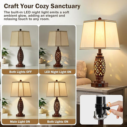 EJIAXIN Bedside Lamps Set of 2-23.5" Vintage Table Lamp with USB A+C and Nightlight - Brown Carved Resin Farmhouse Desk Lamp for Bedrooms, End Tables, Living Room, Bulbs Included