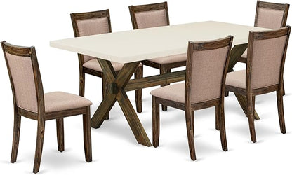 East West Furniture X727MZ716-7 7 Piece Kitchen Table Set Consist of a Rectangle Dining Table with X-Legs and 6 Dark Khaki Linen Fabric Parson Dining Chairs, 40x72 Inch, Multi-Color
