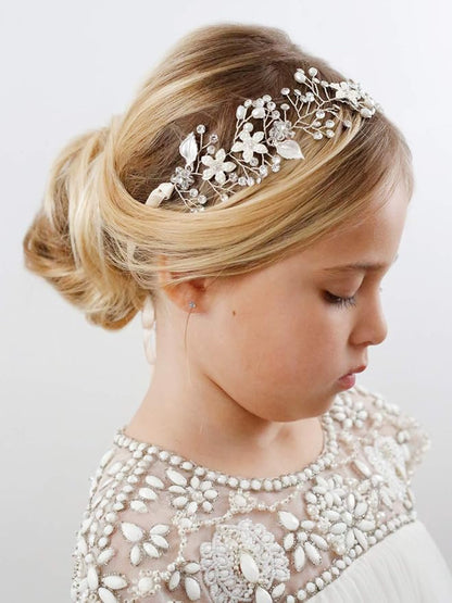 SWEETV Flower Girl Headpiece Silver Princess Wedding Headband -Baby Girls Flower Pearl Hair Accessories for Birthday Party, Photography