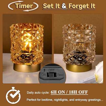MJ PREMIER Battery Operated Lamp with Timer, Cordless Table Lamps for Shelf Decor, Rhombus Texture Aesthetic Crystal Lamp, Small Decorative Lamps for Bedroom/Bathroom/Kitchen/Entryway/Dorm (Yellow)