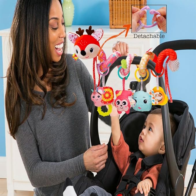 Stroller Toys, Car Seat Toys for Babies 0-6 Months Infants Activity Spiral Hanging Crib Toy Gift for Baby Boys and Girls 0 3 6 12 Months Newborn Sensory Toy with Rattles Squeaker Music- Red
