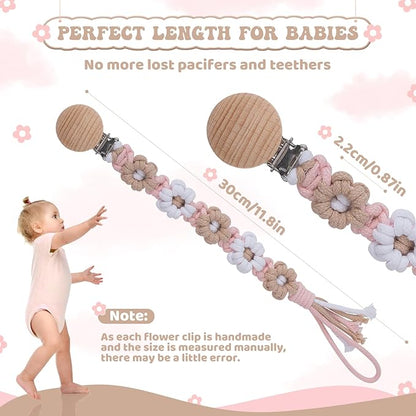Pacifier Clip for Boys Girls Floral Daisy Macrame Baby Paci Clip Pacifier Holder Leash Boho Wooden Clips Handmade Braided Cotton Binky Clips (1pack:Khaki Style B)