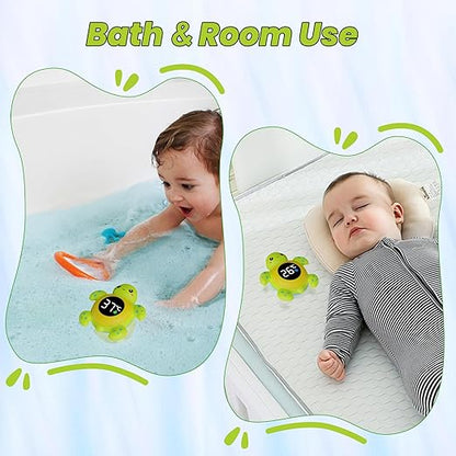 Baby Bath Thermometer Baby Safety, Digital 2-in-1 Room & Bath Water Thermometer with 3-Color Backlight & Temperature Warning, Floating Turtle Design for Infant Toddler, Auto On/Off