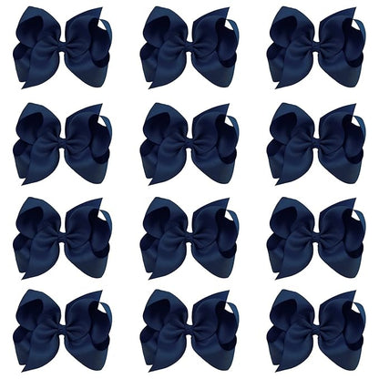 Oaoleer Big Hair Bows for Girls 12 PCS 6" Navy Grosgrain Ribbon Large Boutique Bow Alligator Clips Hair Accessories for Toddlers Little Girls Kids