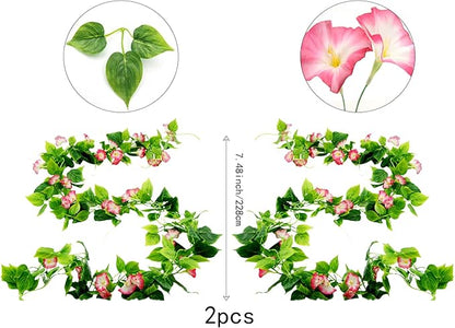 FERIAL Artificial Vines Rosered Morning Glory Vine Artificial Flowers Hanging Plants Garland Fake Green Plant for Wall Fence Indoor Wedding Banquet Decor